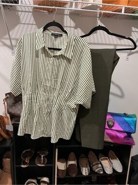 Olive and Cream Striped Short-Sleeve Button-Down Shirt